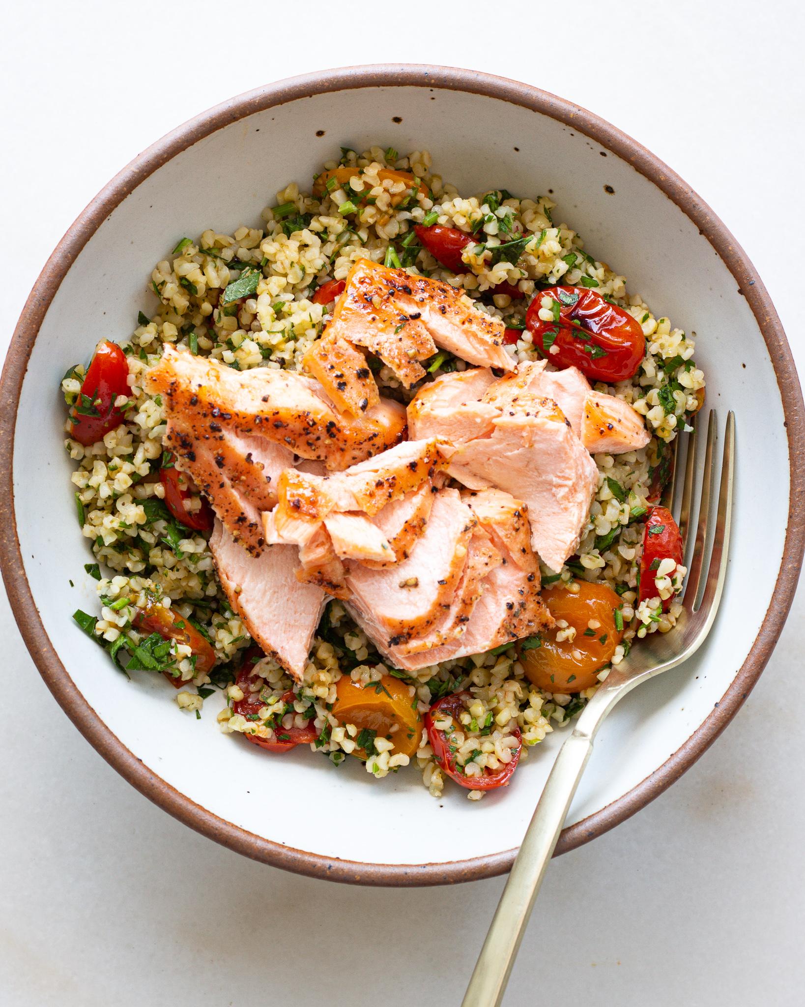 Roasted Tomato Tabbouleh with Salmon - Justine Doiron