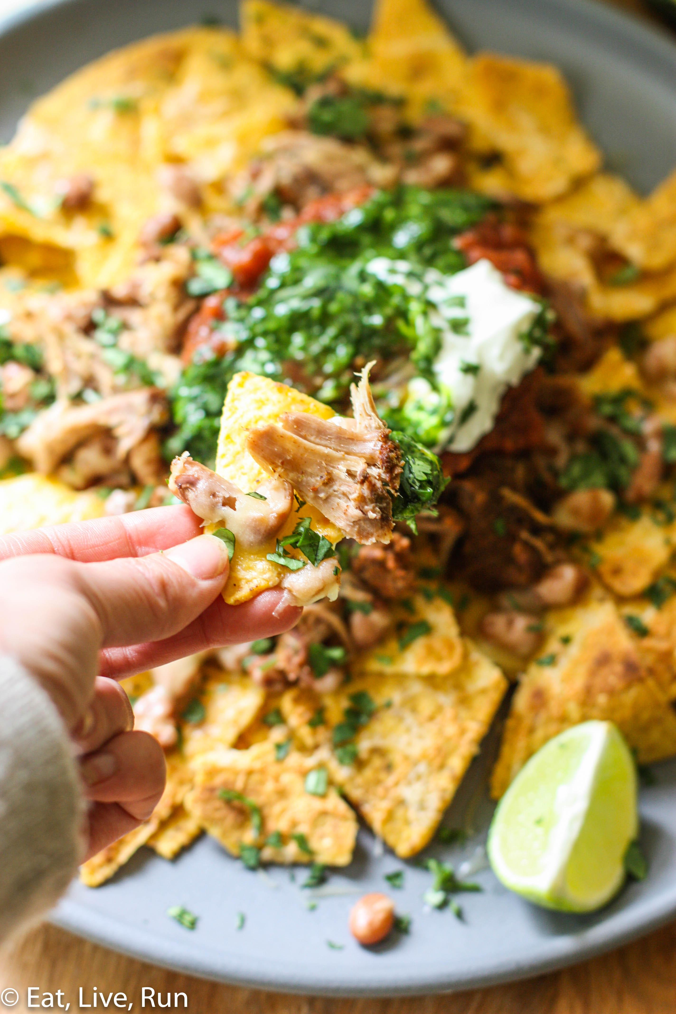Crock Pot Pulled Pork Nachos with Chimichurri Sauce – Eat, Live, Run