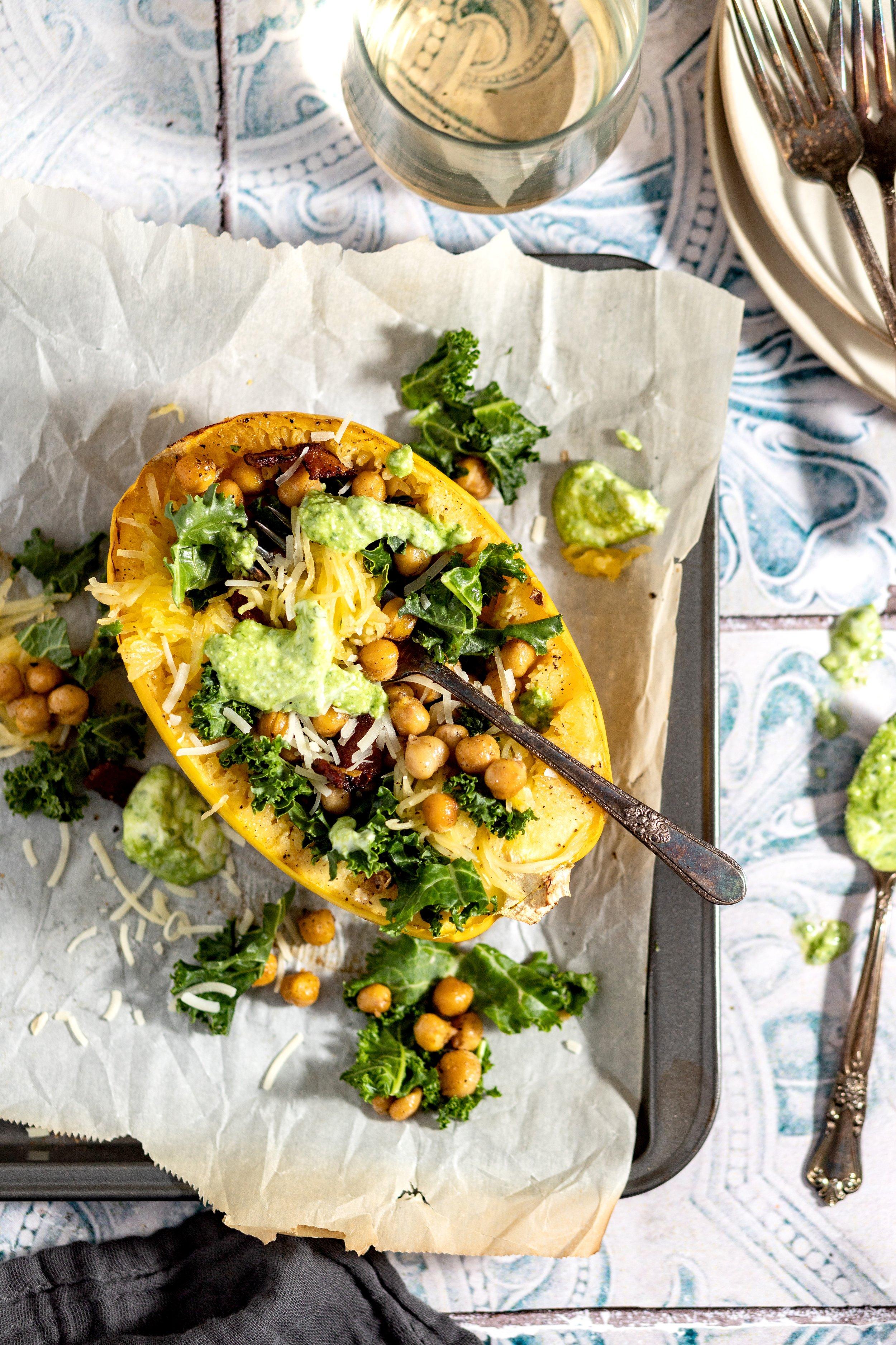 Roasted Spaghetti Squash with Chickpeas, Kale and Creamy Basil ...