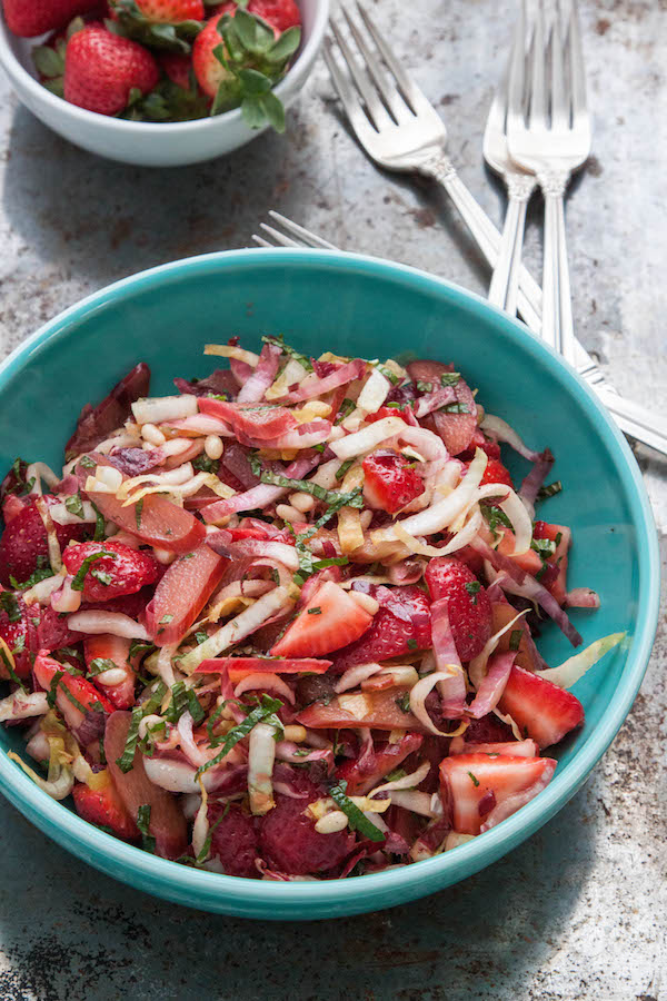 Strawberry-Rhubarb Endive Salad with Mint and Pine Nuts