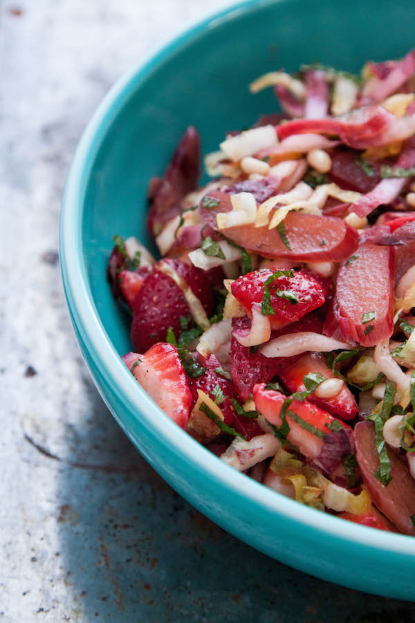 Strawberry-Rhubarb Endive Salad with Mint and Pine Nuts