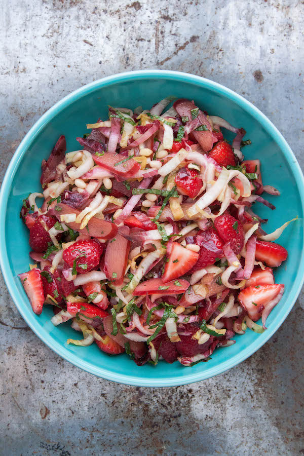 Strawberry-Rhubarb Endive Salad with Mint and Pine Nuts