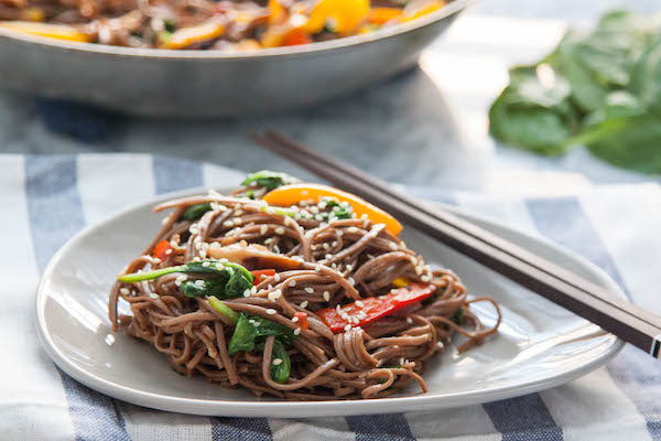 This simple vegan and gluten free Sweet Pepper and Mushroom Soba Noodle Stir Fry is fresh, delicious and you'll have it on the table in 20 minutes!