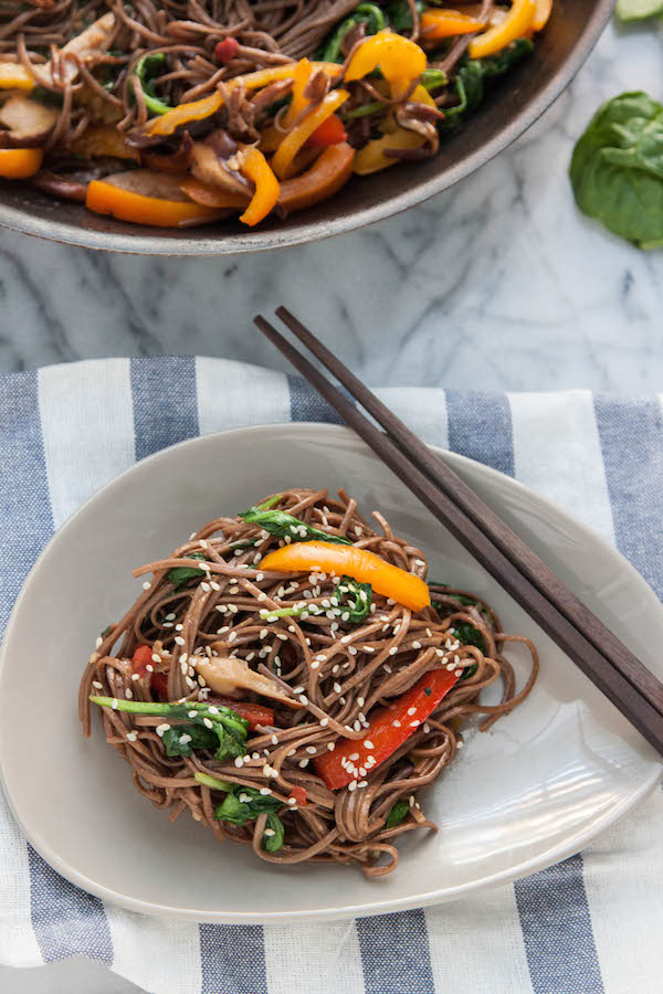This simple vegan and gluten free Sweet Pepper and Mushroom Soba Noodle Stir Fry is fresh, delicious and you'll have it on the table in 20 minutes!